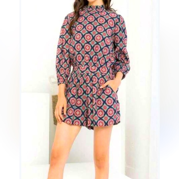 Coast Women’s Ruffle Mock Neck Printed Shorts Romper Sz Large Coastal Preppy - Picture 1 of 11